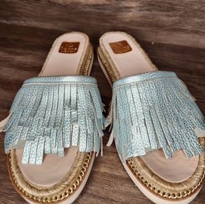 Kanna Sandals Pale Blue Leather Fringe Shoes, size 38/us size 7 BVK31